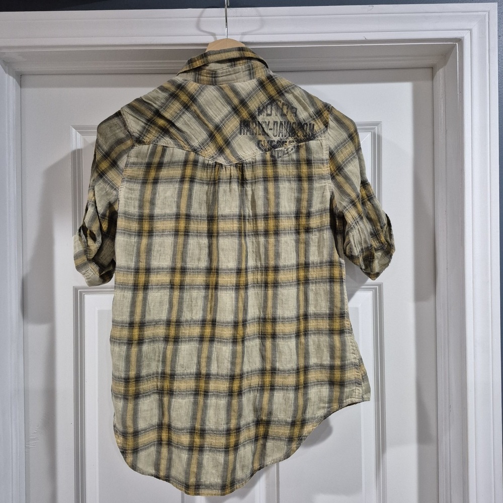Vtg Y2K‎ Harley Davidson Shirt Womens Medium Tan Plaid Pearl Snap Western Rodeo - Picture 2 of 11